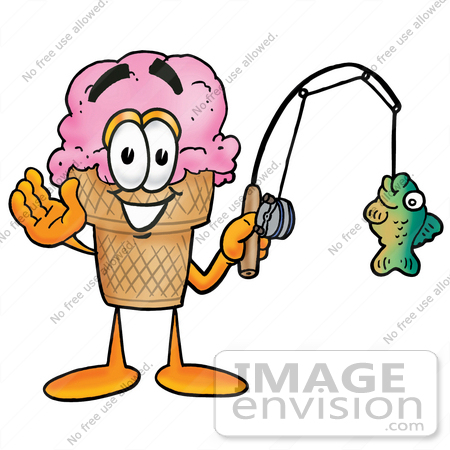 #25843 Clip Art Graphic of a Strawberry Ice Cream Cone Cartoon Character Holding a Fish on a Fishing Pole by toons4biz