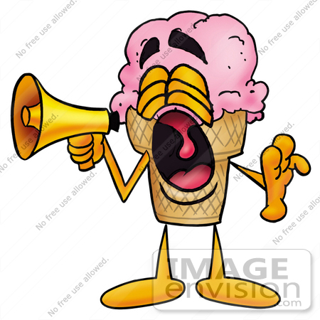 #25844 Clip Art Graphic of a Strawberry Ice Cream Cone Cartoon Character Screaming Into a Megaphone by toons4biz