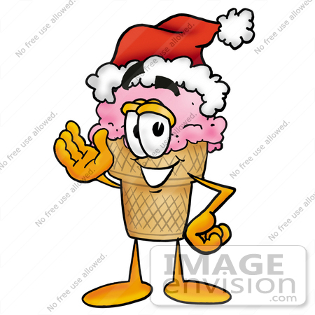 #25845 Clip Art Graphic of a Strawberry Ice Cream Cone Cartoon Character Wearing a Santa Hat and Waving by toons4biz