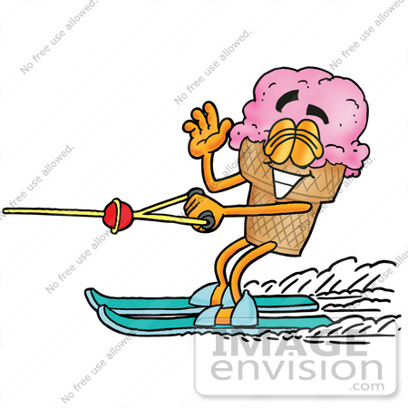 #25847 Clip Art Graphic of a Strawberry Ice Cream Cone Cartoon Character Waving While Water Skiing by toons4biz