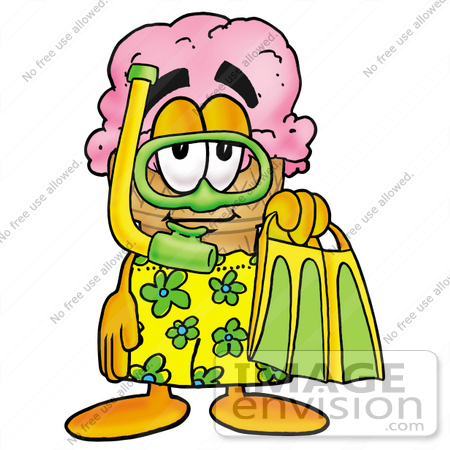 #25848 Clip Art Graphic of a Strawberry Ice Cream Cone Cartoon Character in Green and Yellow Snorkel Gear by toons4biz