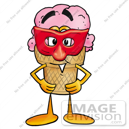 #25850 Clip Art Graphic of a Strawberry Ice Cream Cone Cartoon Character Wearing a Red Mask Over His Face by toons4biz