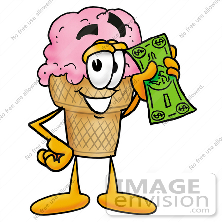 #25851 Clip Art Graphic of a Strawberry Ice Cream Cone Cartoon Character Holding a Dollar Bill by toons4biz