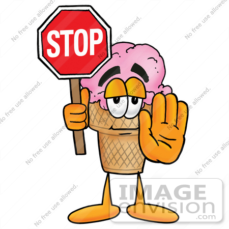 #25852 Clip Art Graphic of a Strawberry Ice Cream Cone Cartoon Character Holding a Stop Sign by toons4biz