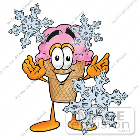#25853 Clip Art Graphic of a Strawberry Ice Cream Cone Cartoon Character With Three Snowflakes in Winter by toons4biz