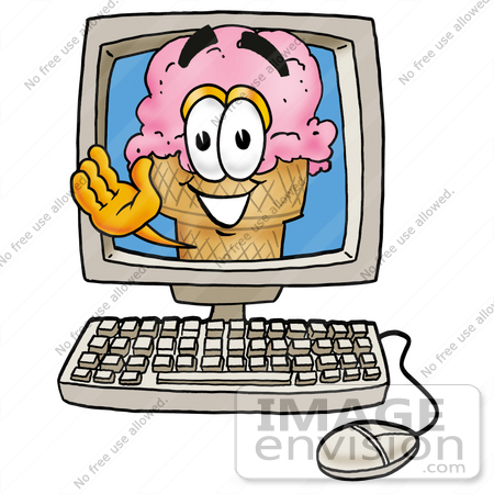 #25854 Clip Art Graphic of a Strawberry Ice Cream Cone Cartoon Character Waving From Inside a Computer Screen by toons4biz