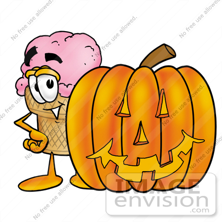 #25855 Clip Art Graphic of a Strawberry Ice Cream Cone Cartoon Character With a Carved Halloween Pumpkin by toons4biz