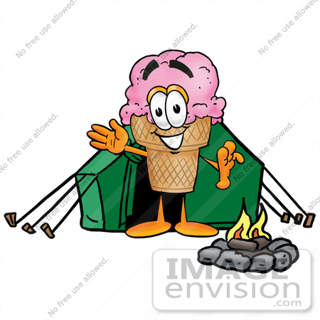 #25856 Clip Art Graphic of a Strawberry Ice Cream Cone Cartoon Character Camping With a Tent and Fire by toons4biz
