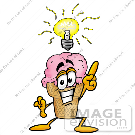 #25858 Clip Art Graphic of a Strawberry Ice Cream Cone Cartoon Character With a Bright Idea by toons4biz