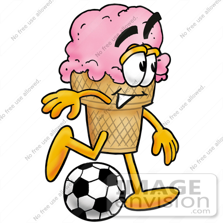 #25859 Clip Art Graphic of a Strawberry Ice Cream Cone Cartoon Character Kicking a Soccer Ball by toons4biz