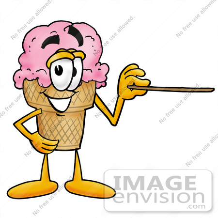 #25860 Clip Art Graphic of a Strawberry Ice Cream Cone Cartoon Character Holding a Pointer Stick by toons4biz
