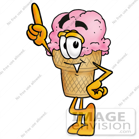 #25862 Clip Art Graphic of a Strawberry Ice Cream Cone Cartoon Character Pointing Upwards by toons4biz