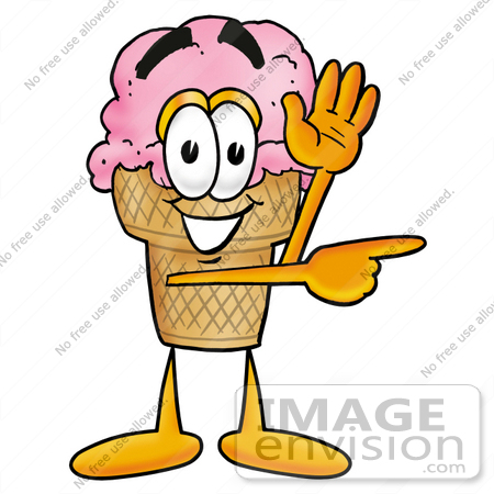 #25864 Clip Art Graphic of a Strawberry Ice Cream Cone Cartoon Character Waving and Pointing by toons4biz