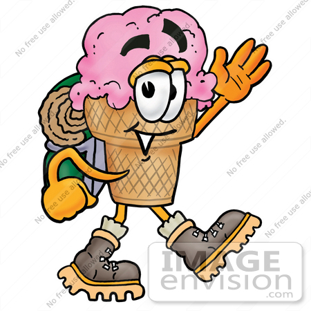 #25865 Clip Art Graphic of a Strawberry Ice Cream Cone Cartoon Character Hiking and Carrying a Backpack by toons4biz