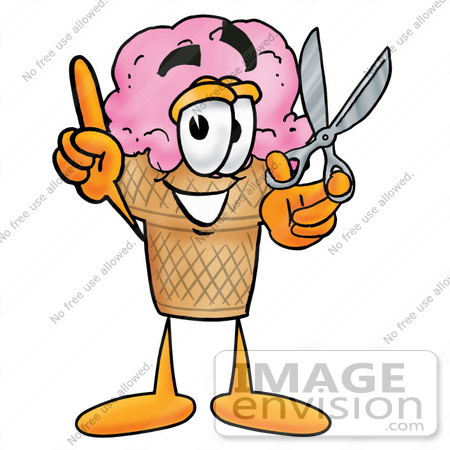 #25867 Clip Art Graphic of a Strawberry Ice Cream Cone Cartoon Character Holding a Pair of Scissors by toons4biz
