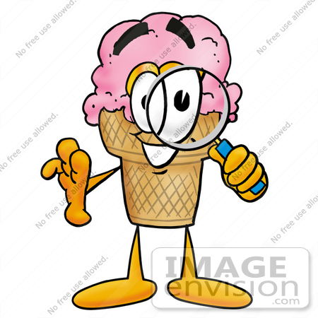 #25868 Clip Art Graphic of a Strawberry Ice Cream Cone Cartoon Character Looking Through a Magnifying Glass by toons4biz
