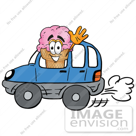 #25869 Clip Art Graphic of a Strawberry Ice Cream Cone Cartoon Character Driving a Blue Car and Waving by toons4biz