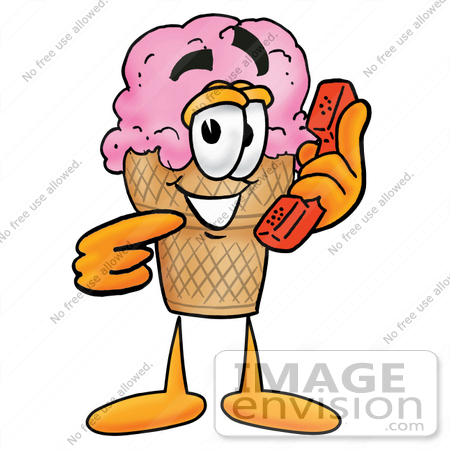 #25873 Clip Art Graphic of a Strawberry Ice Cream Cone Cartoon Character Holding a Telephone by toons4biz