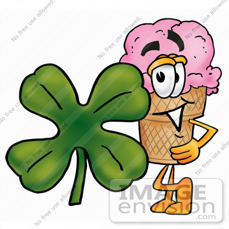 #25874 Clip Art Graphic of a Strawberry Ice Cream Cone Cartoon Character With a Green Four Leaf Clover on St Paddy’s or St Patricks Day by toons4biz