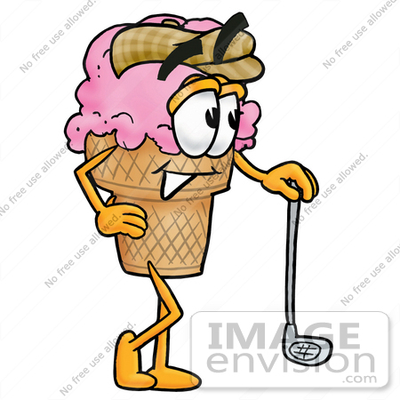 #25875 Clip Art Graphic of a Strawberry Ice Cream Cone Cartoon Character Leaning on a Golf Club While Golfing by toons4biz