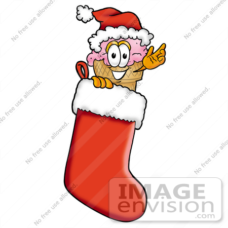 #25876 Clip Art Graphic of a Strawberry Ice Cream Cone Cartoon Character Wearing a Santa Hat Inside a Red Christmas Stocking by toons4biz