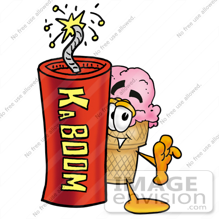 #25878 Clip Art Graphic of a Strawberry Ice Cream Cone Cartoon Character Standing With a Lit Stick of Dynamite by toons4biz