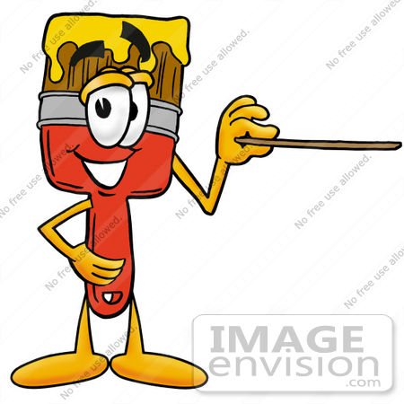 #25879 Clip Art Graphic of a Red Paintbrush With Yellow Paint Cartoon Character Holding a Pointer Stick by toons4biz