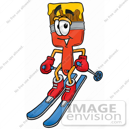 #25881 Clip Art Graphic of a Red Paintbrush With Yellow Paint Cartoon Character Skiing Downhill by toons4biz