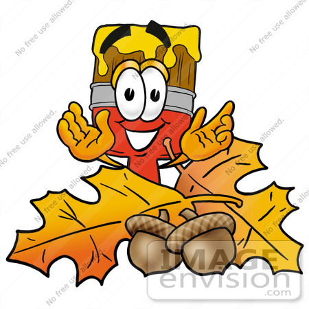 #25883 Clip Art Graphic of a Red Paintbrush With Yellow Paint Cartoon Character With Autumn Leaves and Acorns in the Fall by toons4biz