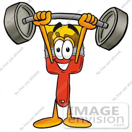 #25884 Clip Art Graphic of a Red Paintbrush With Yellow Paint Cartoon Character Holding a Heavy Barbell Above His Head by toons4biz