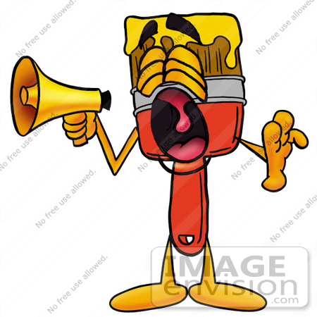 #25885 Clip Art Graphic of a Red Paintbrush With Yellow Paint Cartoon Character Screaming Into a Megaphone by toons4biz