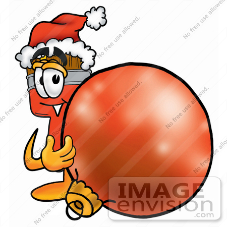 #25886 Clip Art Graphic of a Red Paintbrush With Yellow Paint Cartoon Character Wearing a Santa Hat, Standing With a Christmas Bauble by toons4biz