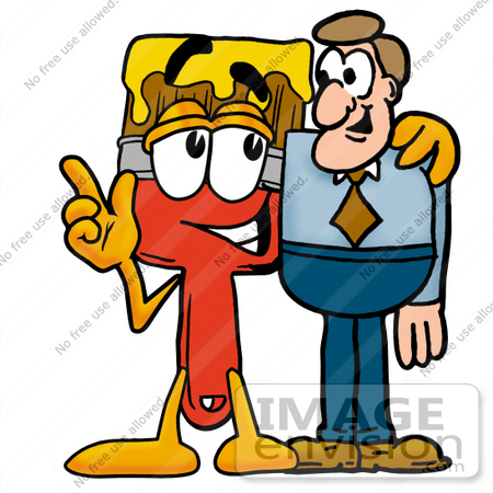 #25887 Clip Art Graphic of a Red Paintbrush With Yellow Paint Cartoon Character Talking to a Business Man by toons4biz