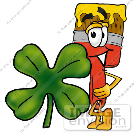 #25888 Clip Art Graphic of a Red Paintbrush With Yellow Paint Cartoon Character With a Green Four Leaf Clover on St Paddy’s or St Patricks Day by toons4biz