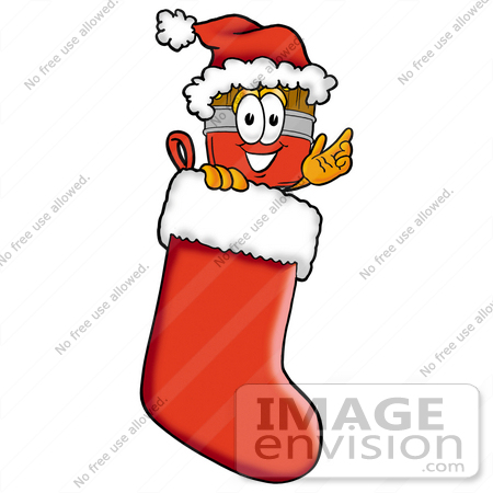 #25891 Clip Art Graphic of a Red Paintbrush With Yellow Paint Cartoon Character Wearing a Santa Hat Inside a Red Christmas Stocking by toons4biz