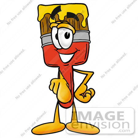 #25894 Clip Art Graphic of a Red Paintbrush With Yellow Paint Cartoon Character Pointing at the Viewer by toons4biz