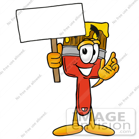 #25896 Clip Art Graphic of a Red Paintbrush With Yellow Paint Cartoon Character Holding a Blank Sign by toons4biz