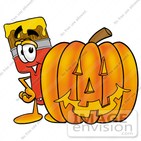 #25897 Clip Art Graphic of a Red Paintbrush With Yellow Paint Cartoon Character With a Carved Halloween Pumpkin by toons4biz