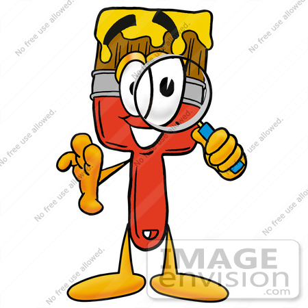 #25898 Clip Art Graphic of a Red Paintbrush With Yellow Paint Cartoon Character Looking Through a Magnifying Glass by toons4biz