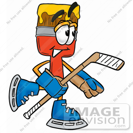 #25899 Clip Art Graphic of a Red Paintbrush With Yellow Paint Cartoon Character Playing Ice Hockey by toons4biz