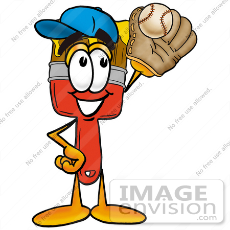 #25900 Clip Art Graphic of a Red Paintbrush With Yellow Paint Cartoon Character Catching a Baseball With a Glove by toons4biz