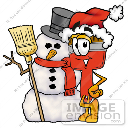 #25901 Clip Art Graphic of a Red Paintbrush With Yellow Paint Cartoon Character With a Snowman on Christmas by toons4biz