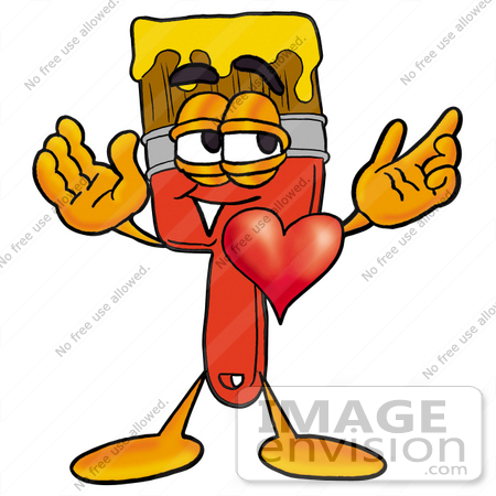 #25903 Clip Art Graphic of a Red Paintbrush With Yellow Paint Cartoon Character With His Heart Beating Out of His Chest by toons4biz