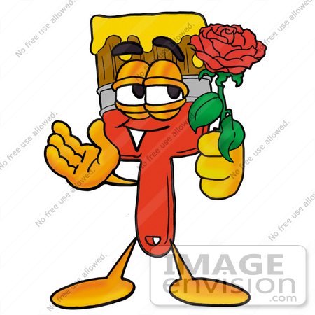 #25905 Clip Art Graphic of a Red Paintbrush With Yellow Paint Cartoon Character Holding a Red Rose on Valentines Day by toons4biz