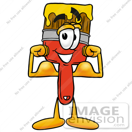 #25906 Clip Art Graphic of a Red Paintbrush With Yellow Paint Cartoon Character Flexing His Arm Muscles by toons4biz