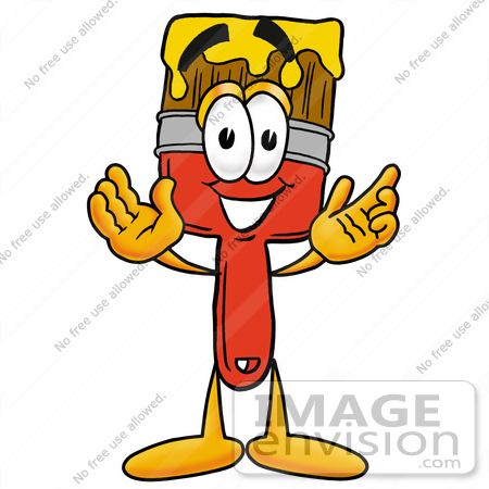 #25908 Clip Art Graphic of a Red Paintbrush With Yellow Paint Cartoon Character With Welcoming Open Arms by toons4biz
