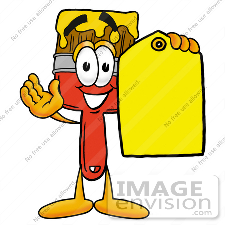 #25909 Clip Art Graphic of a Red Paintbrush With Yellow Paint Cartoon Character Holding a Yellow Sales Price Tag by toons4biz