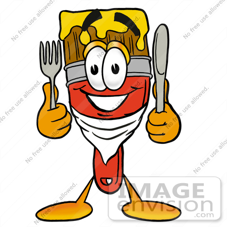 #25910 Clip Art Graphic of a Red Paintbrush With Yellow Paint Cartoon Character Holding a Knife and Fork by toons4biz