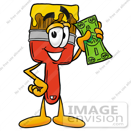 #25911 Clip Art Graphic of a Red Paintbrush With Yellow Paint Cartoon Character Holding a Dollar Bill by toons4biz