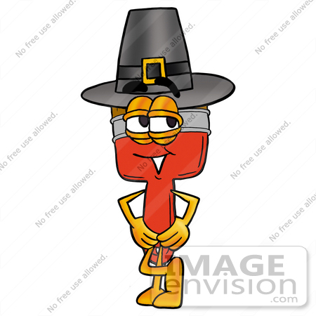 #25912 Clip Art Graphic of a Red Paintbrush With Yellow Paint Cartoon Character Wearing a Pilgrim Hat on Thanksgiving by toons4biz